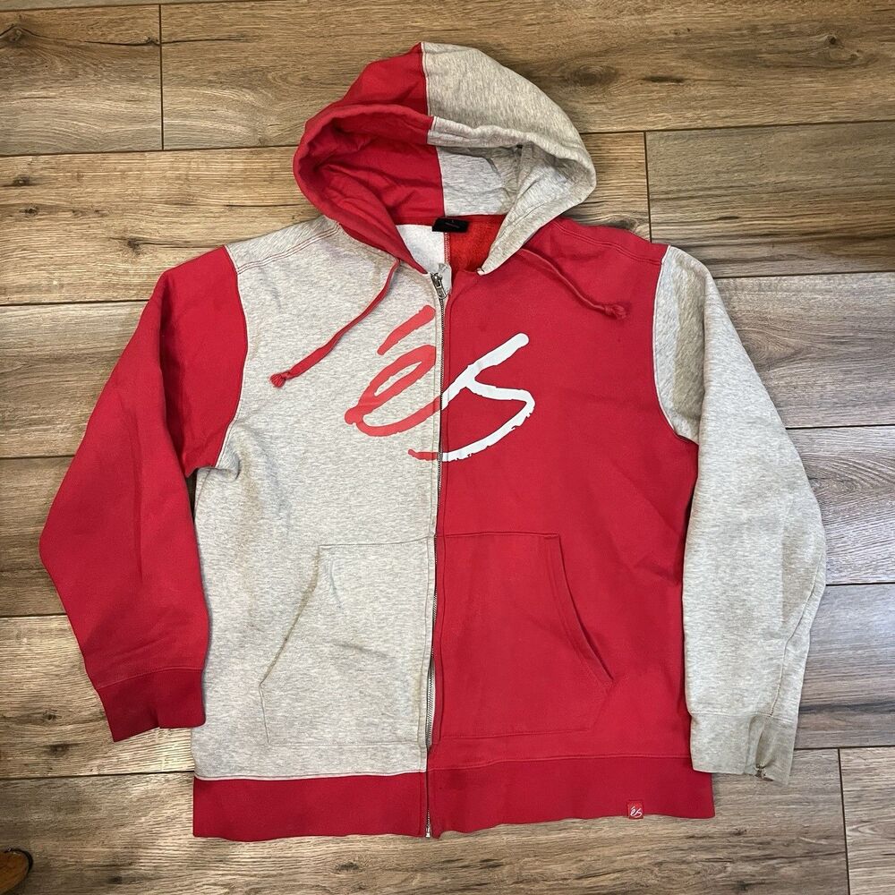 Y2K Vintage ES Skateboard Brand Red Gray Hoodie Sweatshirt Full Zip Up Skate L